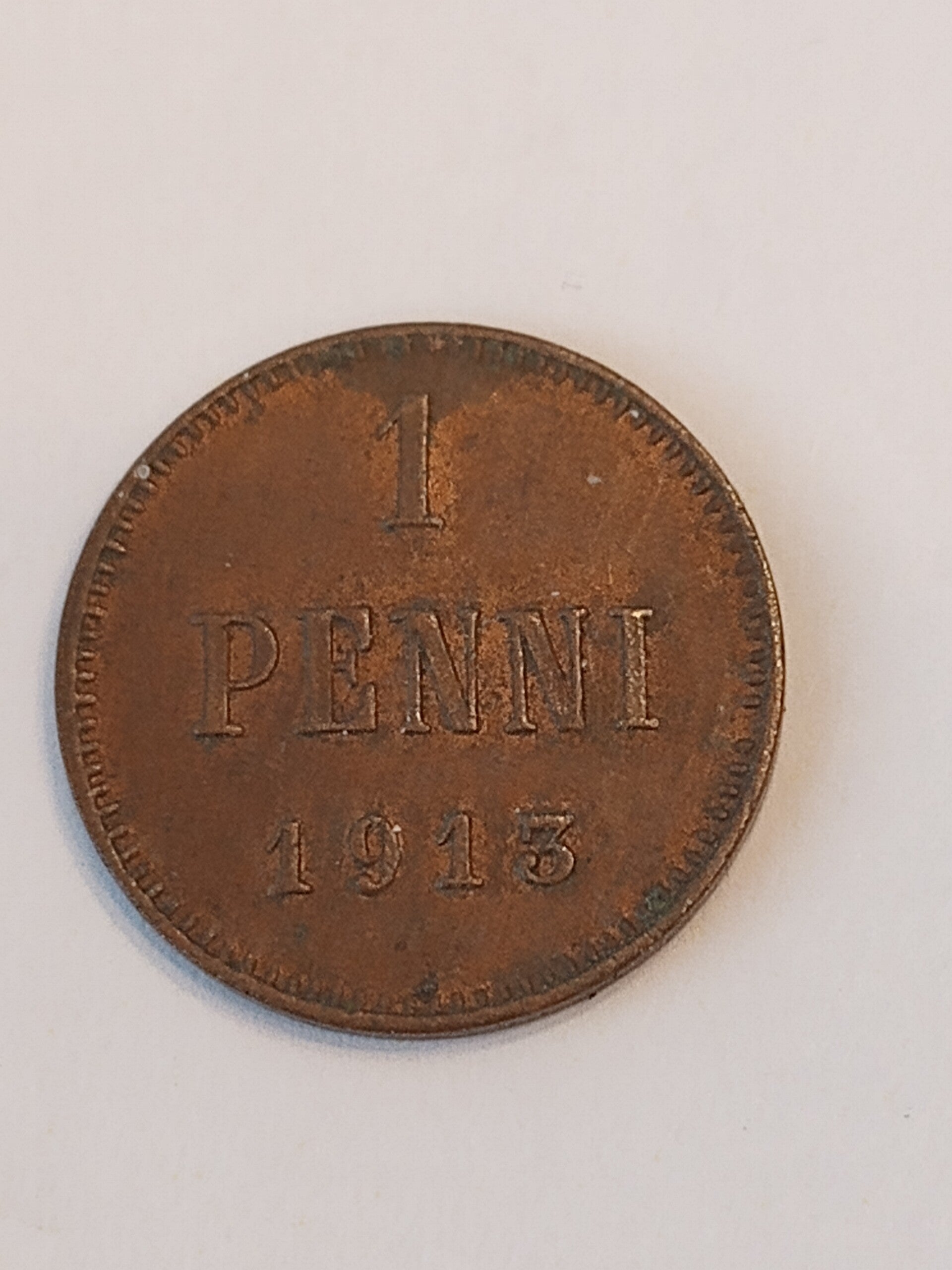 FINLAND *1 PENNI * 1913 * Copper *Cond. 1+  *  Empire Nikolaj  II