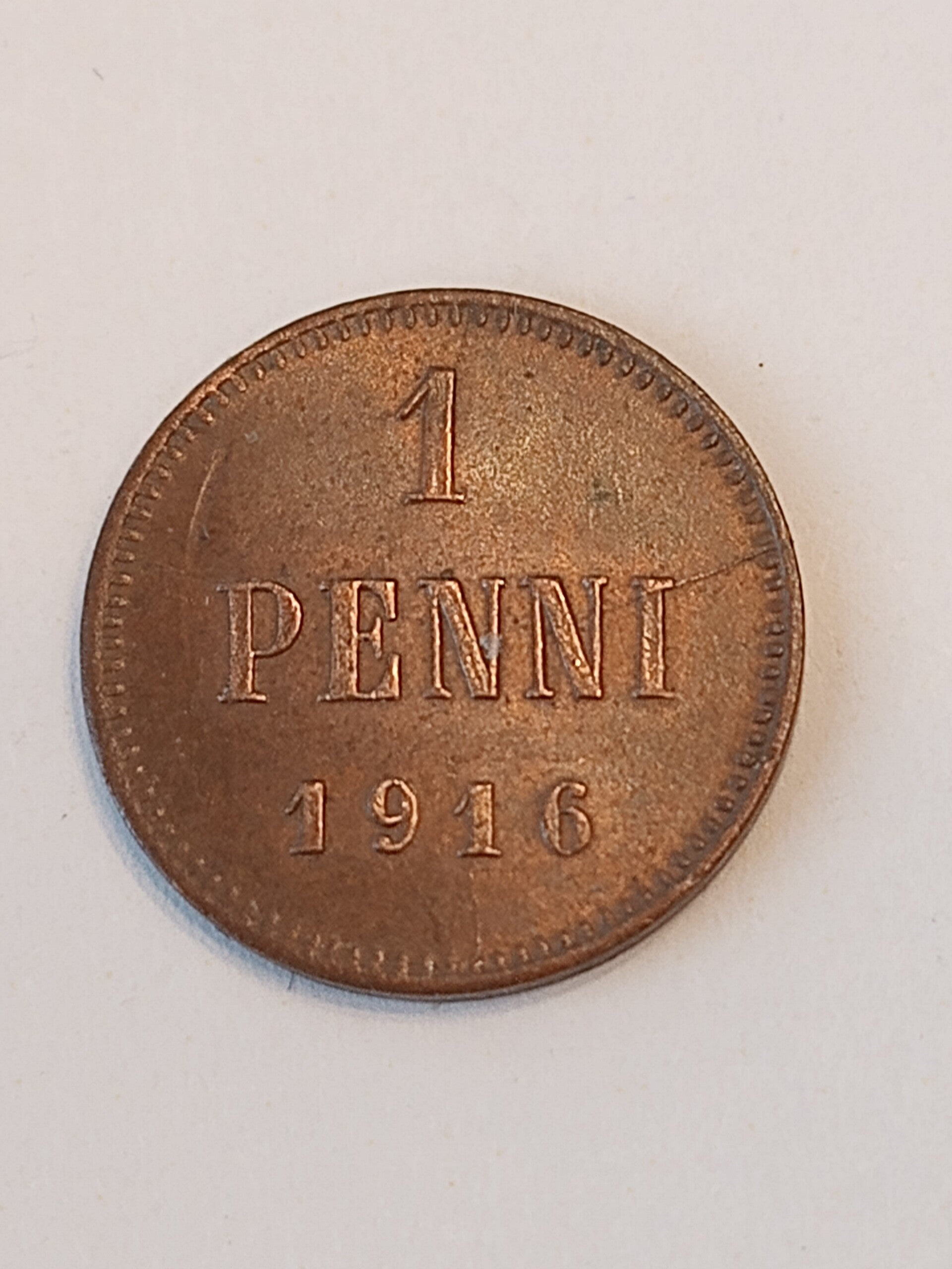 FINLAND *1 PENNI * 1916 * Copper *Cond. 1+  *  Empire Nikolaj  II