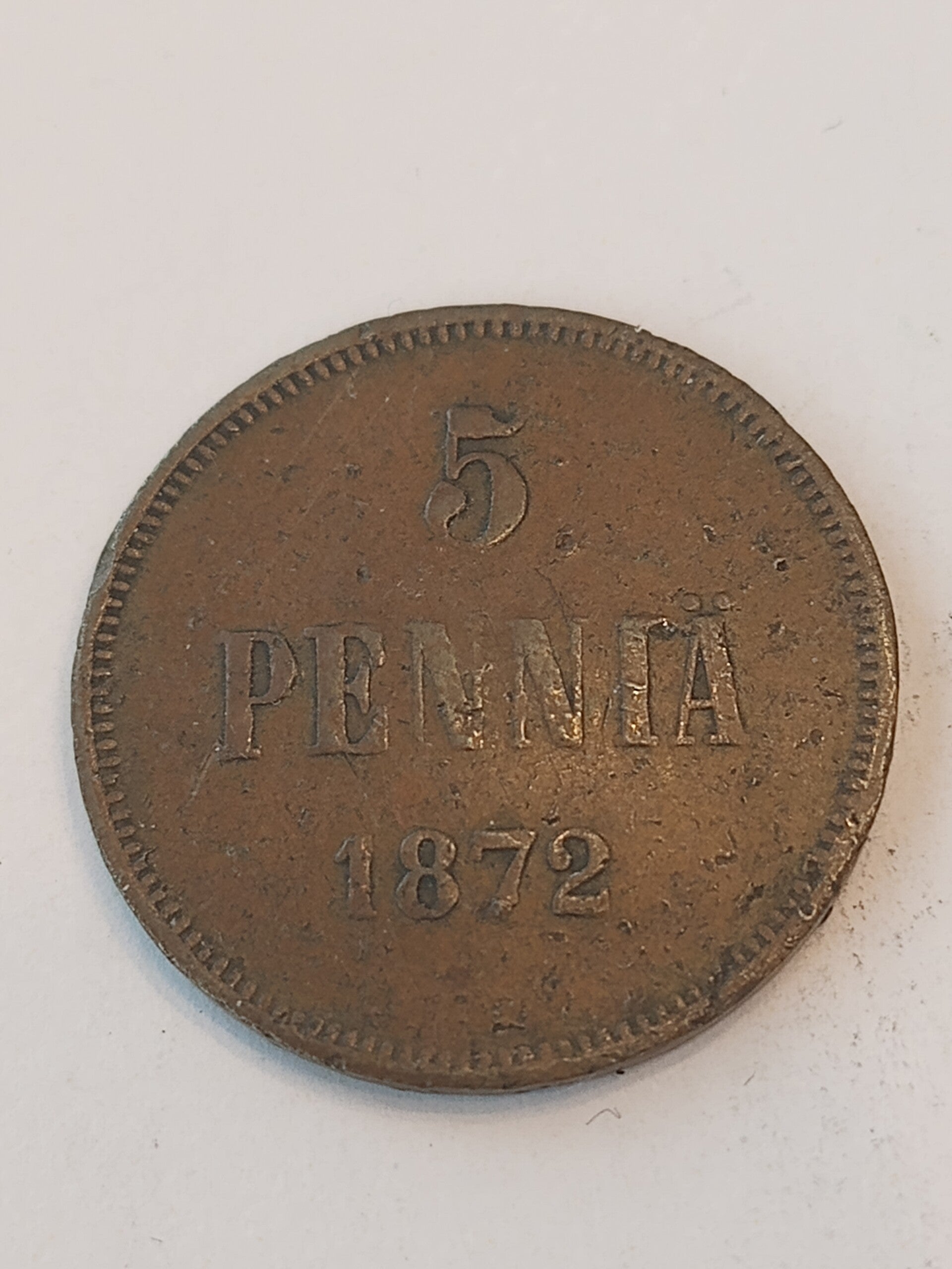 FINLAND * 5 PENNIÄ * 1872 * Copper *Cond. 1 /1 *Grand Duchy / Empire Alexander II
