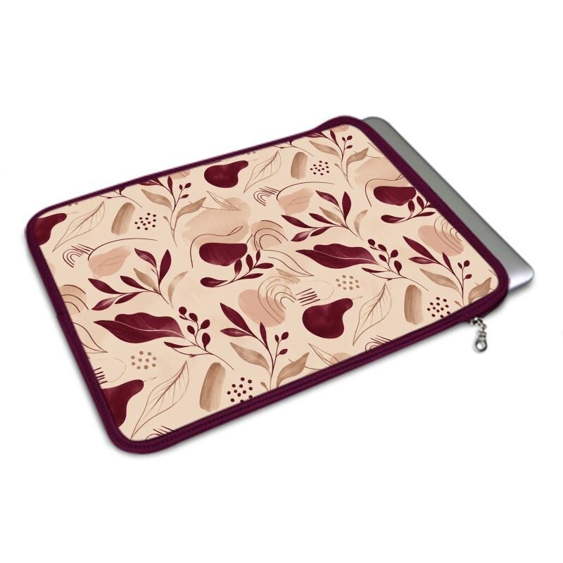 Velvet Grove MacBook Air case featuring an abstract botanical pattern in burgundy and warm beige tones. Premium laptop sleeve design from the Kesef OR collection.
