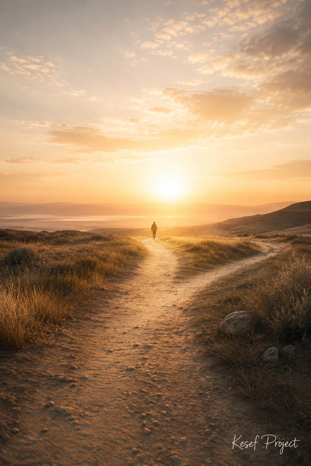 Quiet path at sunrise with a distant figure walking toward the horizon.