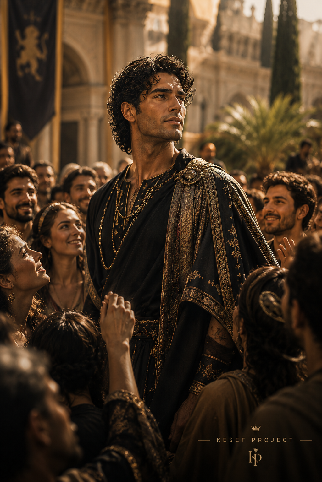 Charismatic young leader surrounded by admiration and public attention in a grand cinematic setting.