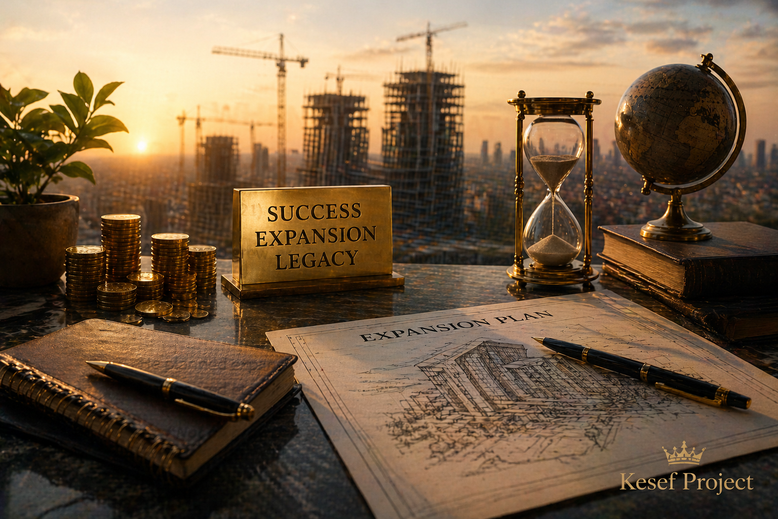 Gold coins, expansion plans, and construction projects representing accumulation and the illusion of purpose through wealth