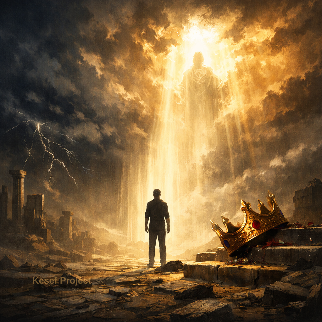 Symbolic image representing human pride confronting divine authority and the fall of earthly power