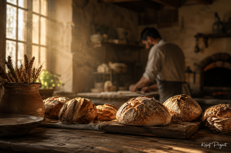 Freshly baked bread in a rustic bakery at sunrise with a baker working in the background.