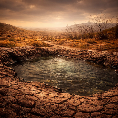 water flowing through a desrt landscape at sunset,representating healing,renewal,and God's transforming power after bitterness.
