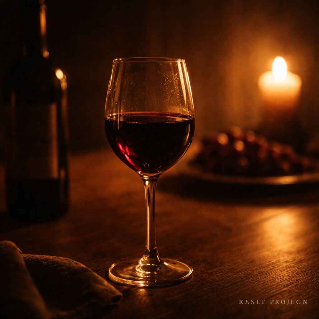 Wine glass on a softly lit table in warm light, symbolizing sweet words with hidden intentions.