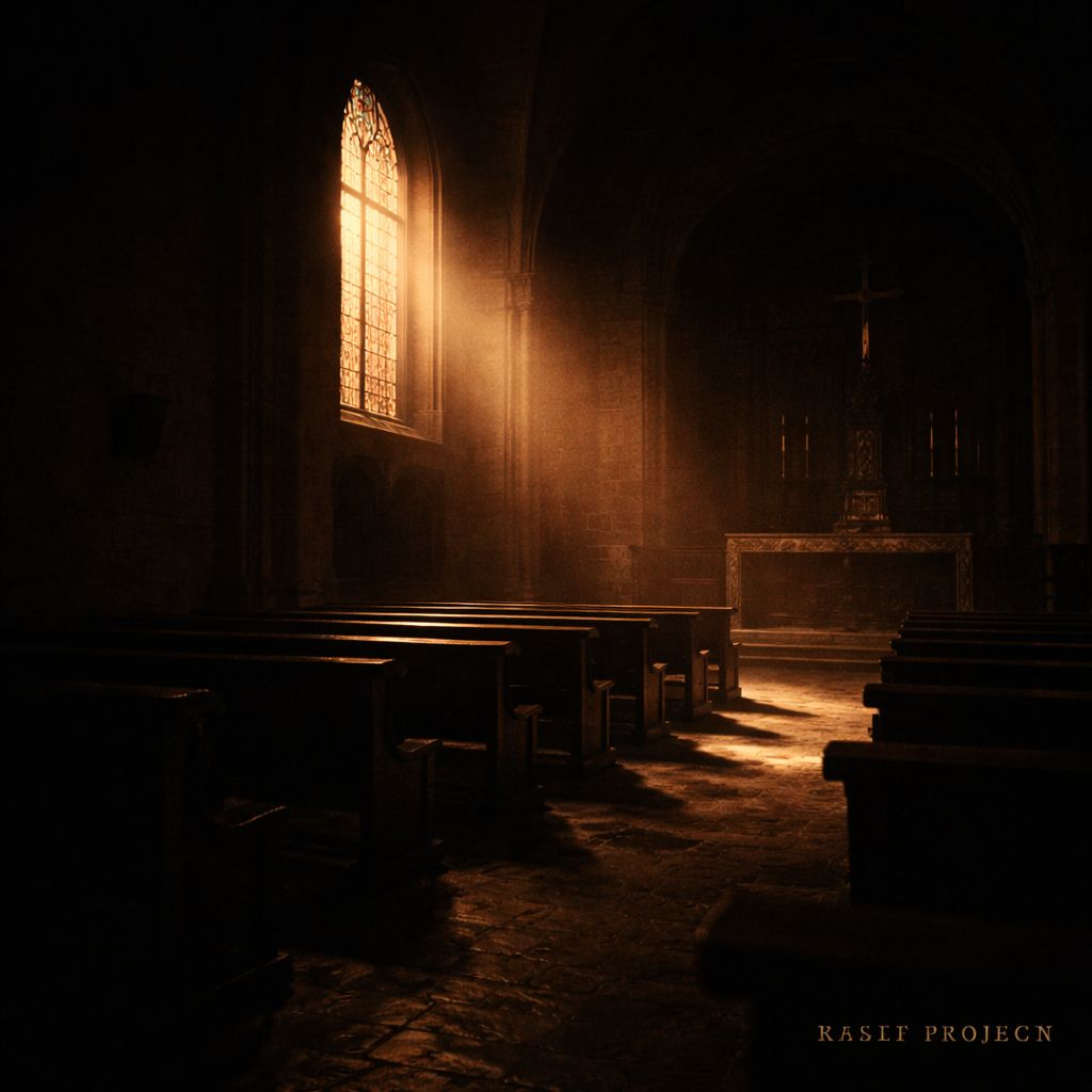 Dimly lit empty church interior with light entering softly, representing the silence and consequences after harmful words.