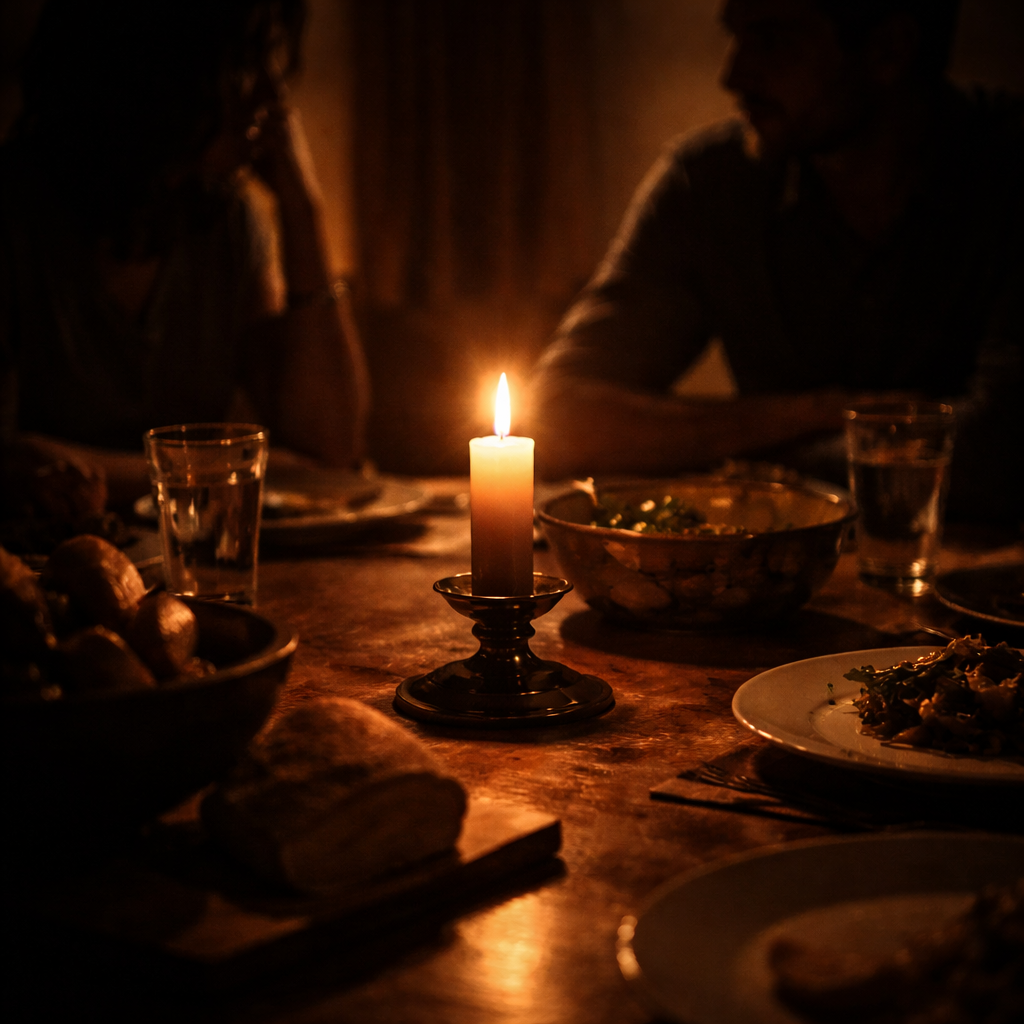 Dinner table with a single candle casting long shadows, representing tension and conflict within the home.