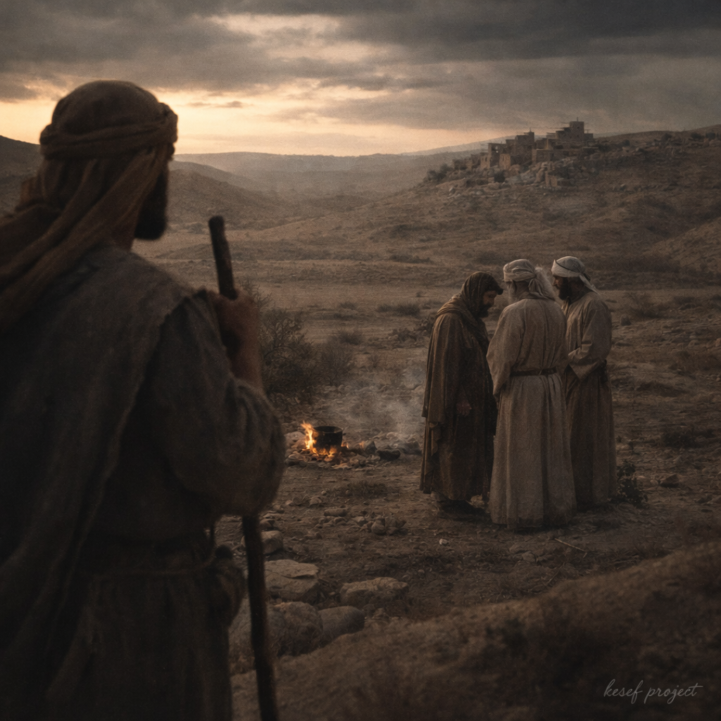 Biblical scene in ancient Israel where a shepherd watches from a distance as priests speak quietly with a traveler in a tense desert setting.