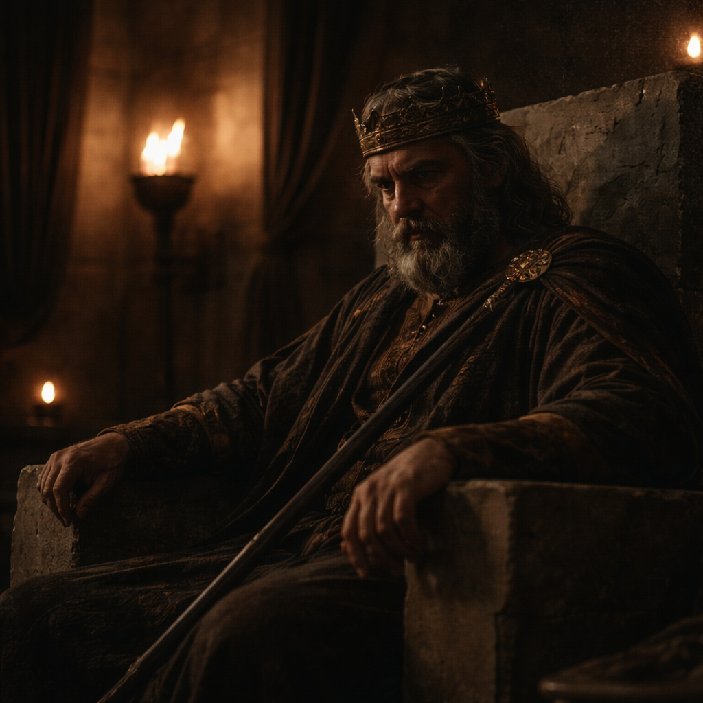Kin Saul sitting in his throne in shadow,trouble expression illuminated by dim torchligth inside a tense royal chamber in ancient Israel