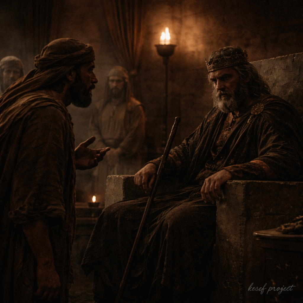 Biblical court scene showing a shepherd speaking to King Saul in a tense royal chamber, with subtle ambition in his posture and dramatic torchlit atmosphere in ancient Israel.