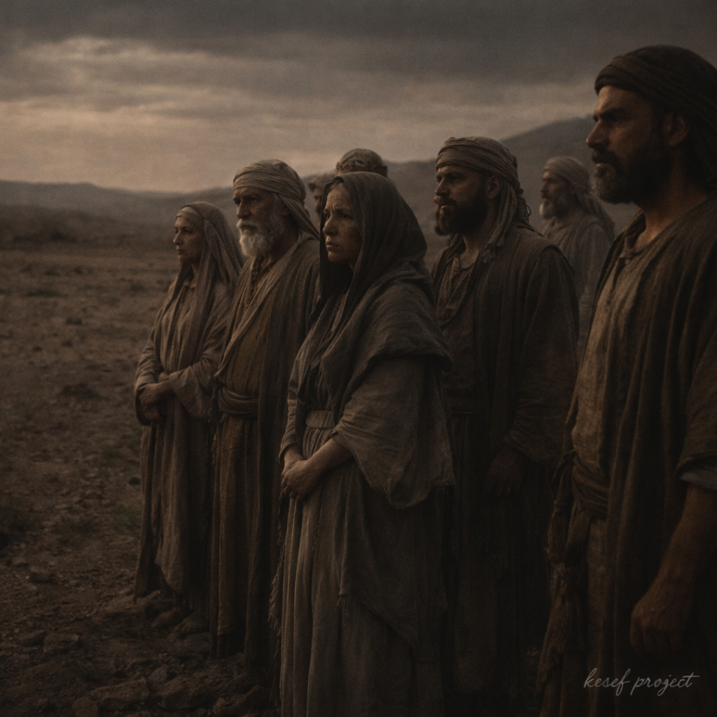 Group of people in biblical-era clothing standing at a distance in silence, watching with somber expressions in a tense desert setting in ancient Israel.