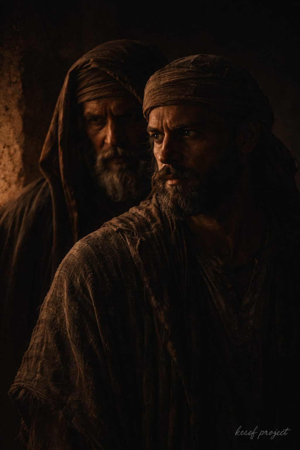 Two figures standing close together in dim light, one partially in shadow behind the other, creating symbolic tension in a realistic ancient setting.