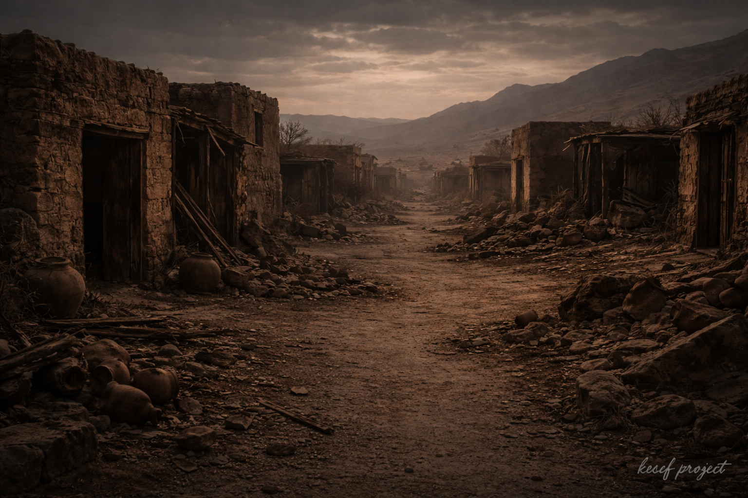 Abandoned ancient desert settlement with empty structures and a somber atmosphere, conveying silence and loss after tragedy.