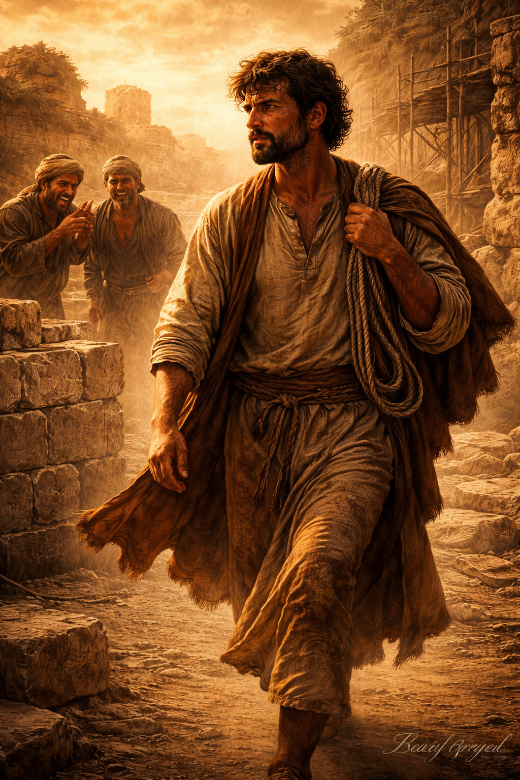 Christian devotional image of a man walking forward while others mock him, representing staying focused and not being distracted by opposition in God’s purpose