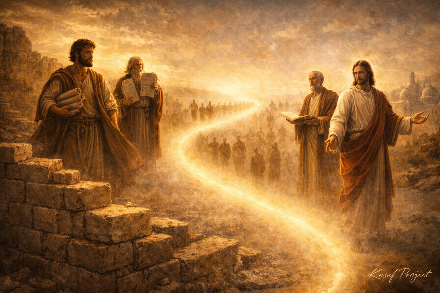Christian devotional image showing a visual connection from the Old Testament to the New Testament, representing God’s consistent way of working across time