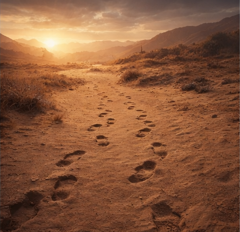 footprints crossing a dry sert landscape ,symbolizin the spiritual journey through testing,doubt,and transformation.