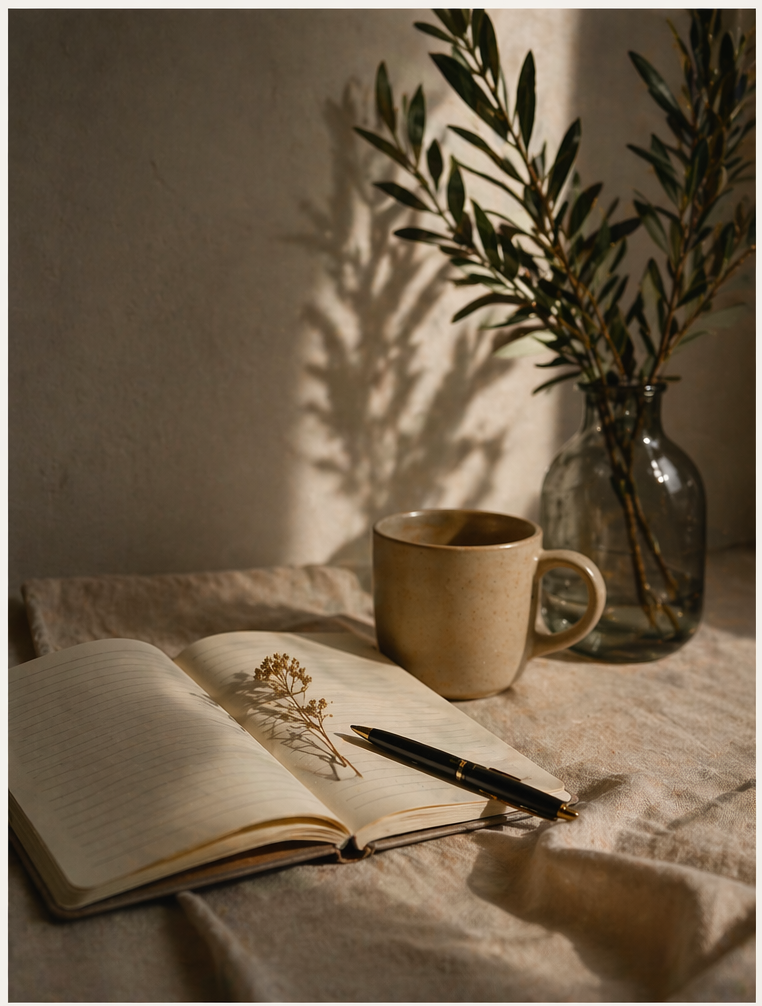 minimalist lifestyle scene with tote bag, hoodie, mug and accessories personalized with kesef project branding