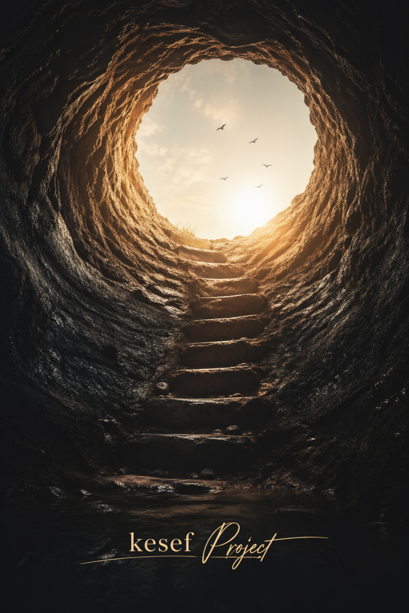 Dark pit with stone steps leading toward a bright opening above, symbolizing hope, spiritual process, and divine purpose, with “Kesef Project” signature.