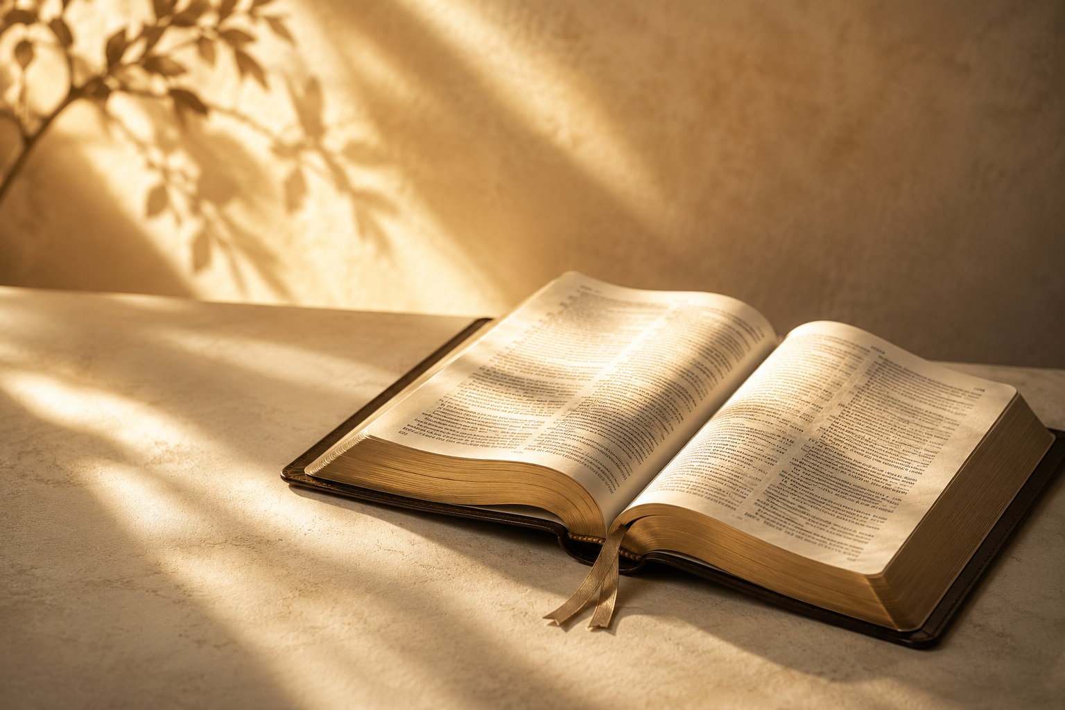 Open Bible resting in warm natural light, symbolizing reflection, study, and thoughtful reading.