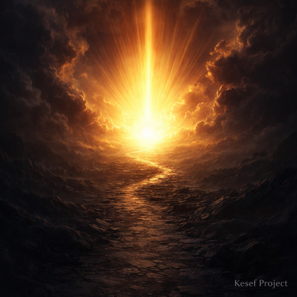 Dark path leading toward radiant divine light symbolizing spiritual confrontation.