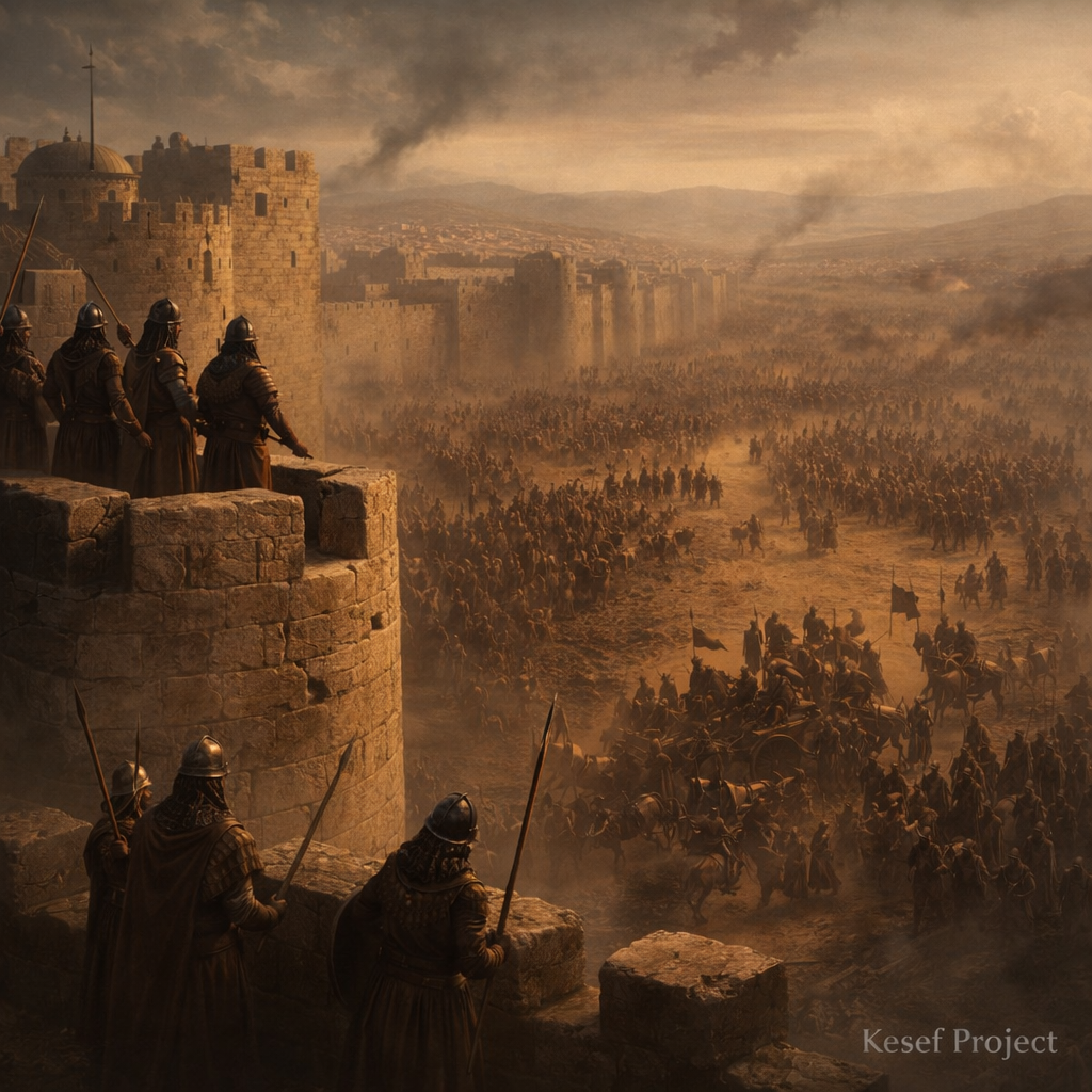Ancient Jerusalem walls under threat from approaching Assyrian army in biblical times.