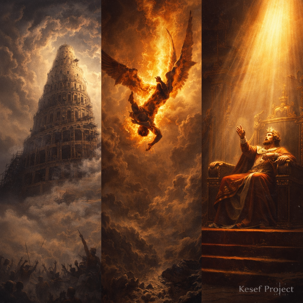 Biblical scenes representing human rebellion against God and divine judgment.