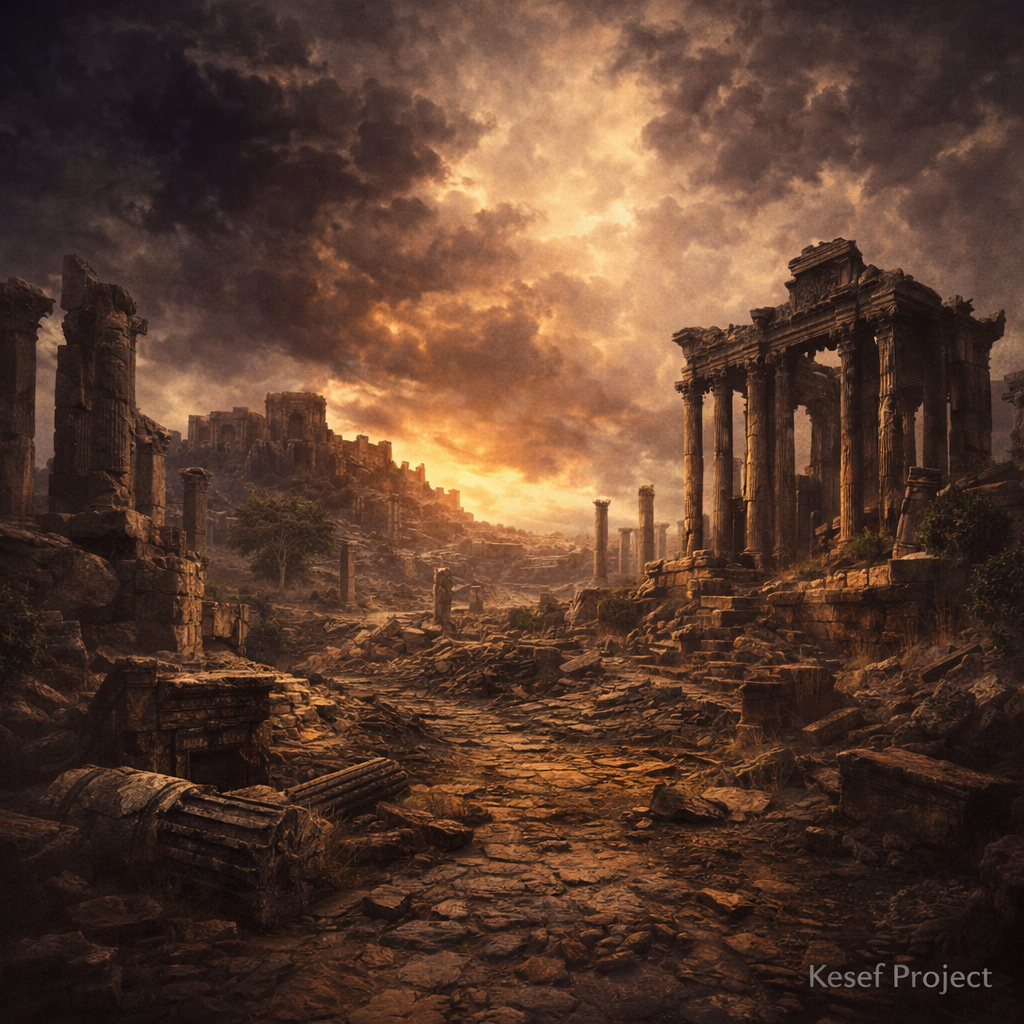 Ruins of a once powerful civilization symbolizing the rise and fall of empires throughout history.