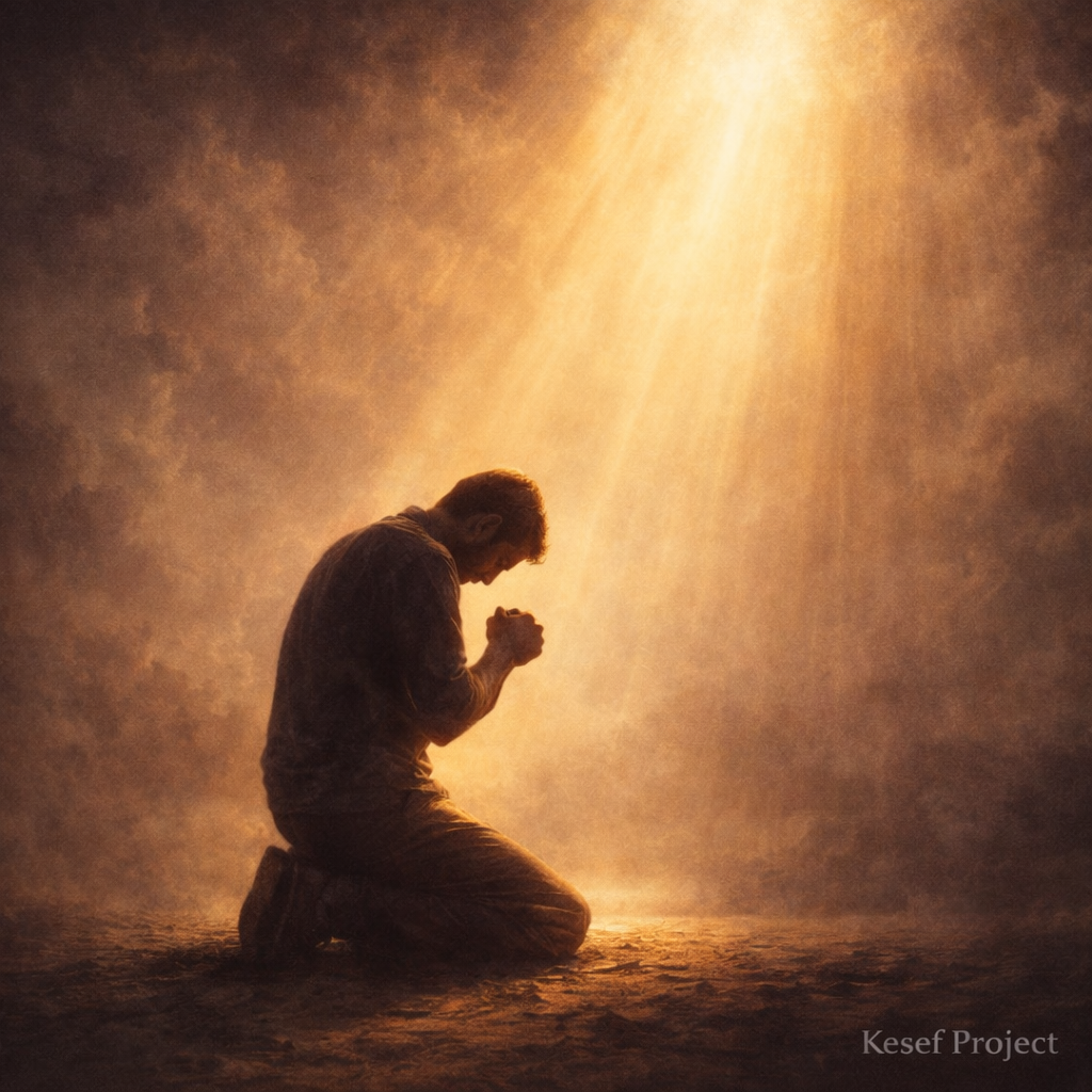 Person in prayer under gentle divine light symbolizing surrender and spiritual reflection.