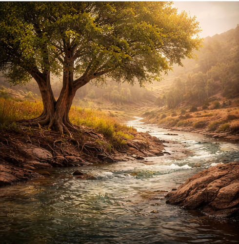 Large tree beside flowing stream.