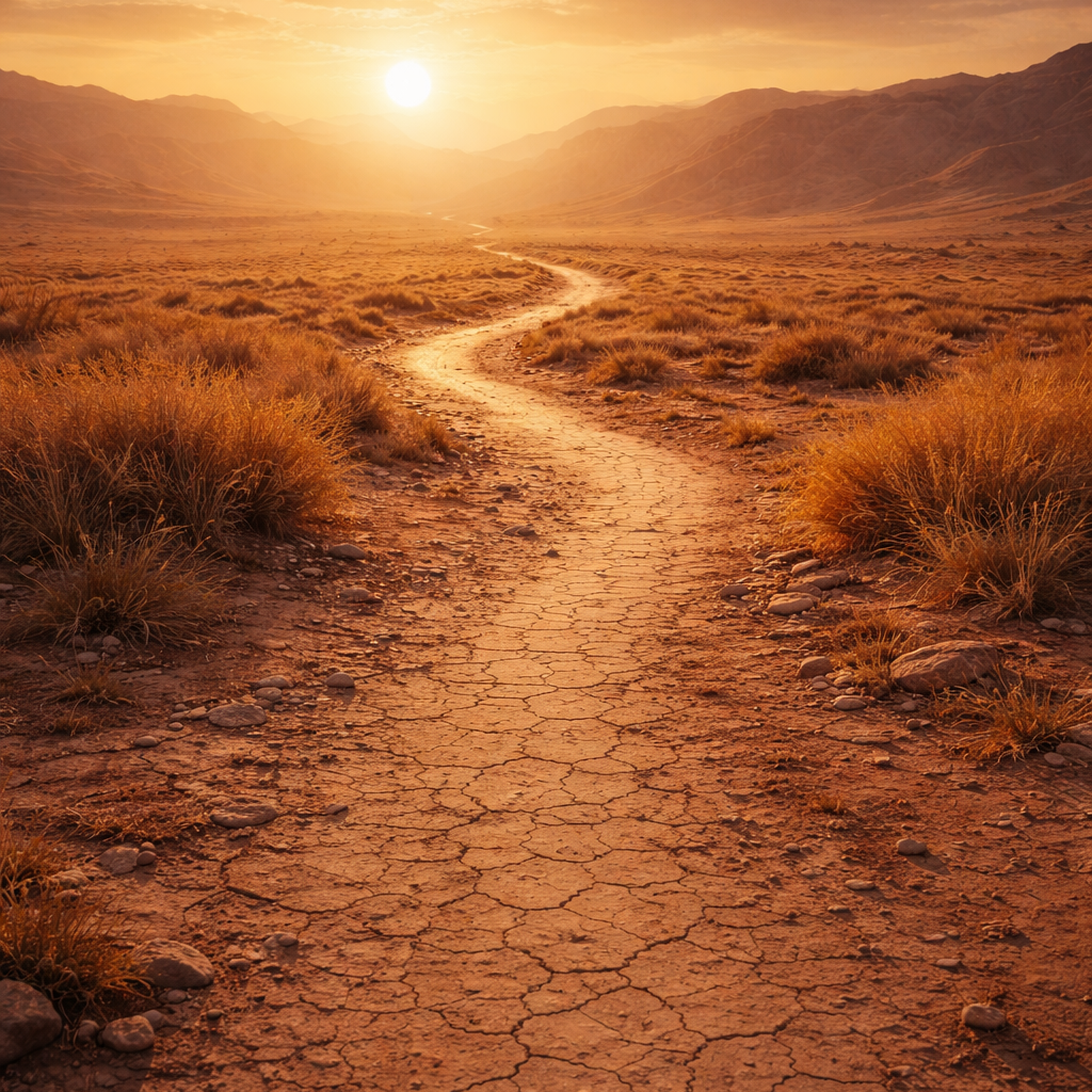 Desert path at sunset symbolizin the spiritual journey from bitterness to transformation and renewal