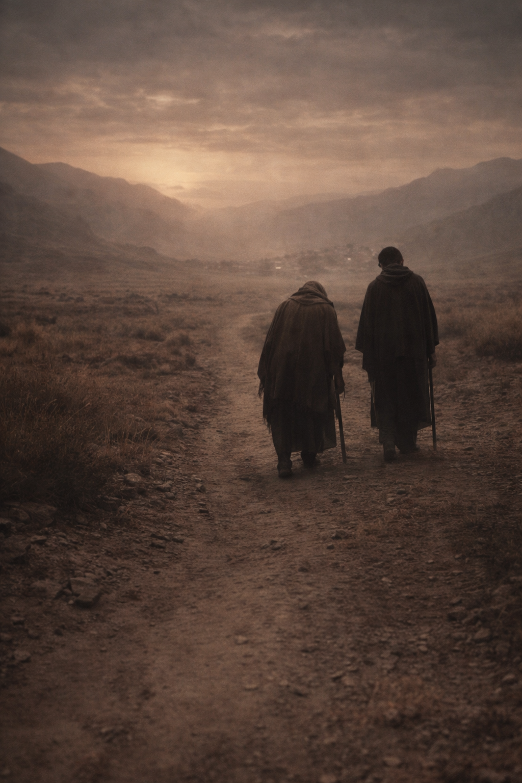 Two robed figures walking in a desert valley.