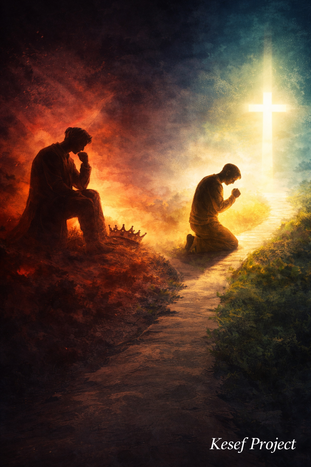 Illustration symbolizing envy and pride contrasted with humility, showing a man in darkness with a fallen crown and another kneeling in prayer before a glowing cross.