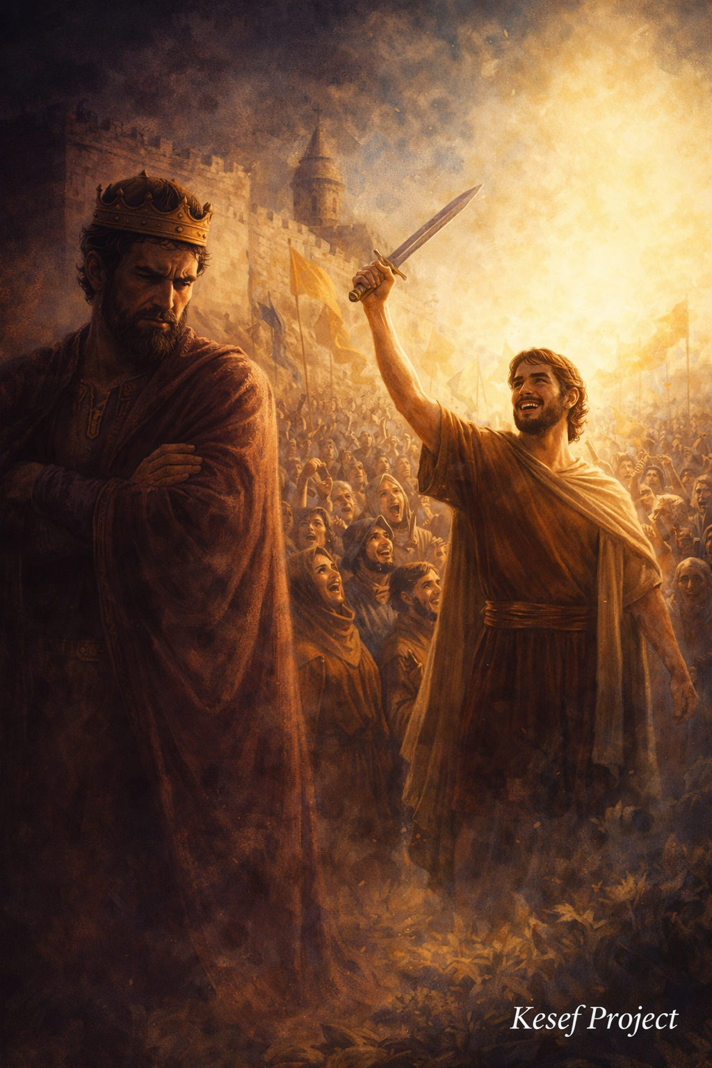 Illustration of the biblical story of Saul and David showing jealousy and comparison after David received praise from the people.