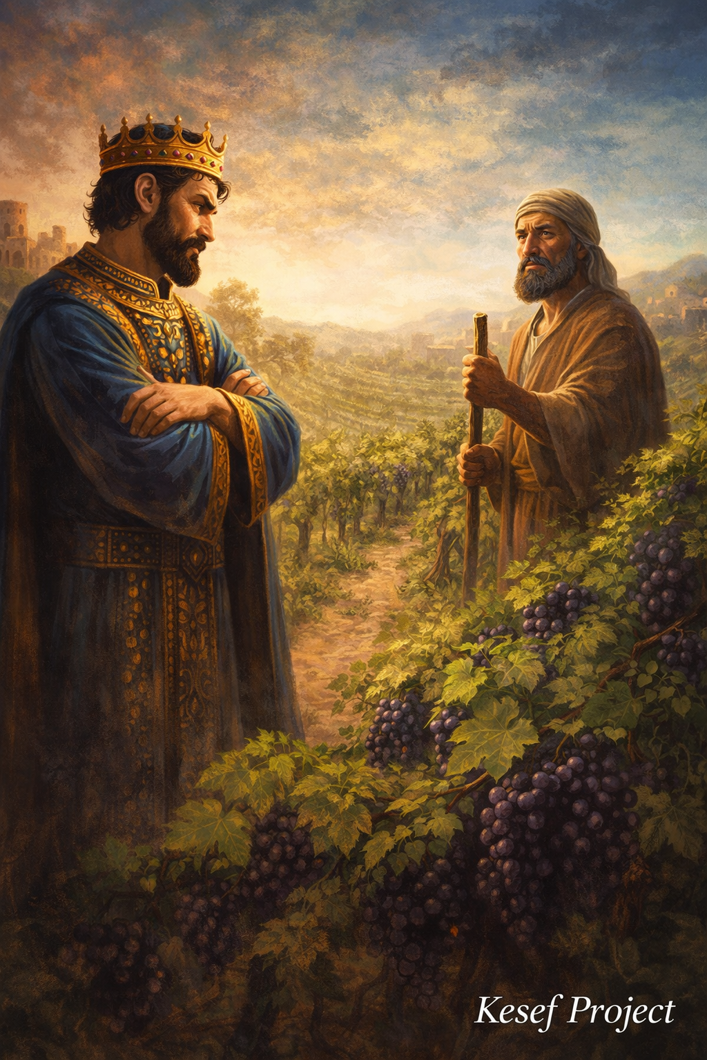 Biblical illustration representing King Ahab coveting Naboth’s vineyard, symbolizing greed, injustice, and the abuse of power.
