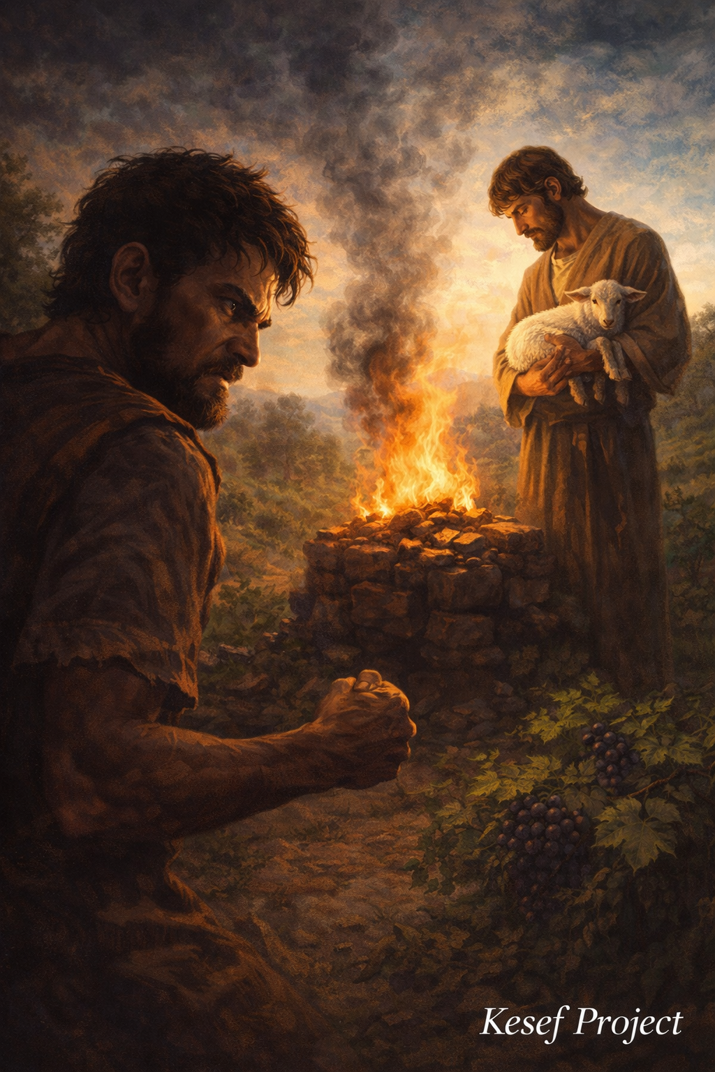 Illustration of the biblical story of Cain and Abel, depicting envy as Cain watches Abel offer a lamb sacrifice to God.