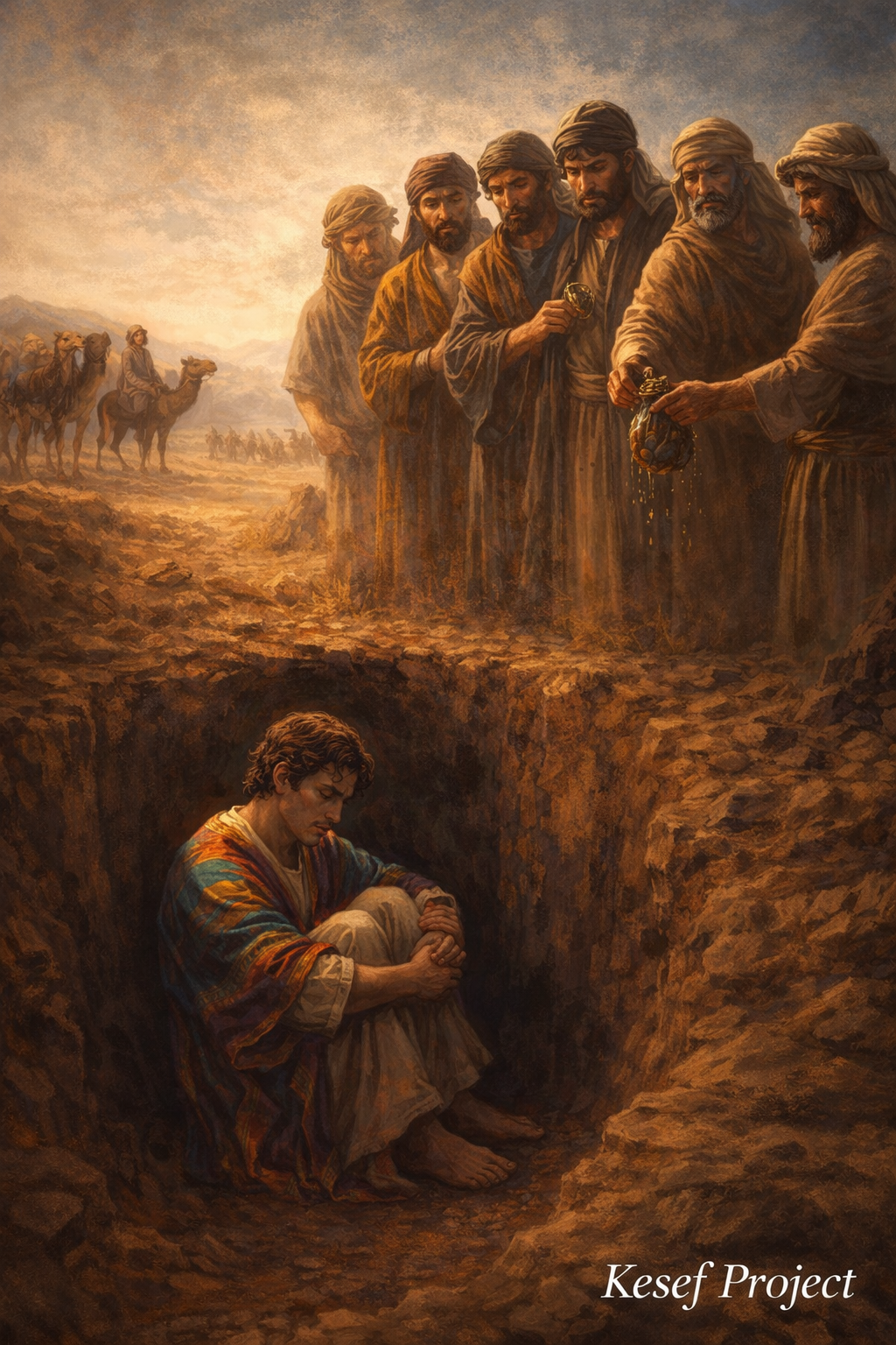 Biblical illustration of Joseph in a pit while his brothers sell him to traders, symbolizing jealousy and betrayal in the story from Genesis.