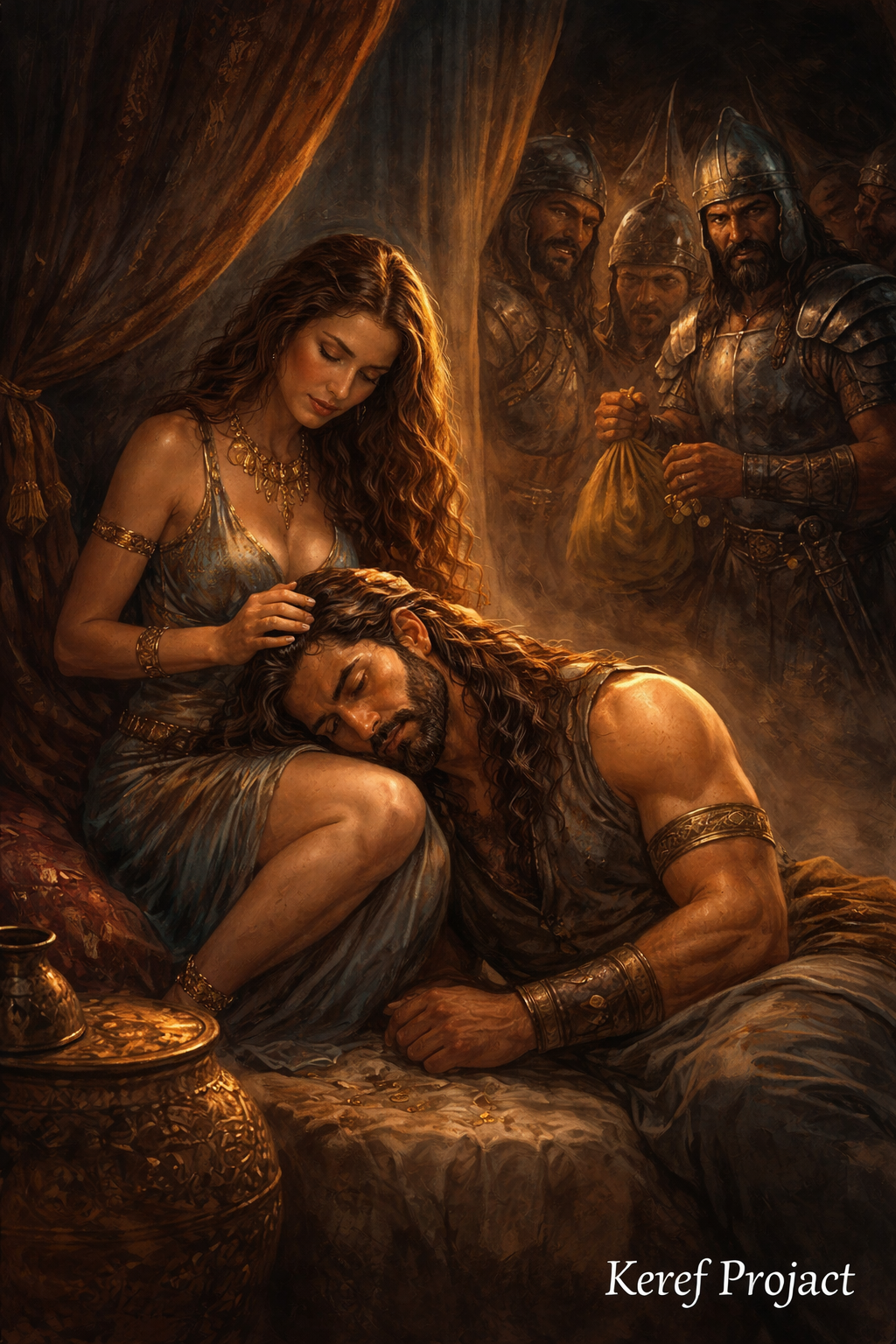 Scene inspired by the Bible story of Samson and Delilah showing the Philistines plotting to betray Samson and discover the source of his strength.