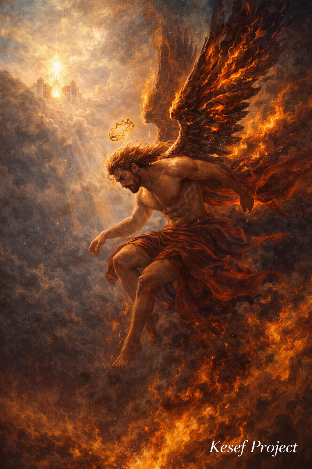 “Biblical illustration of Lucifer falling from heaven after pride led to his downfall, inspired by Isaiah 14:12–15.