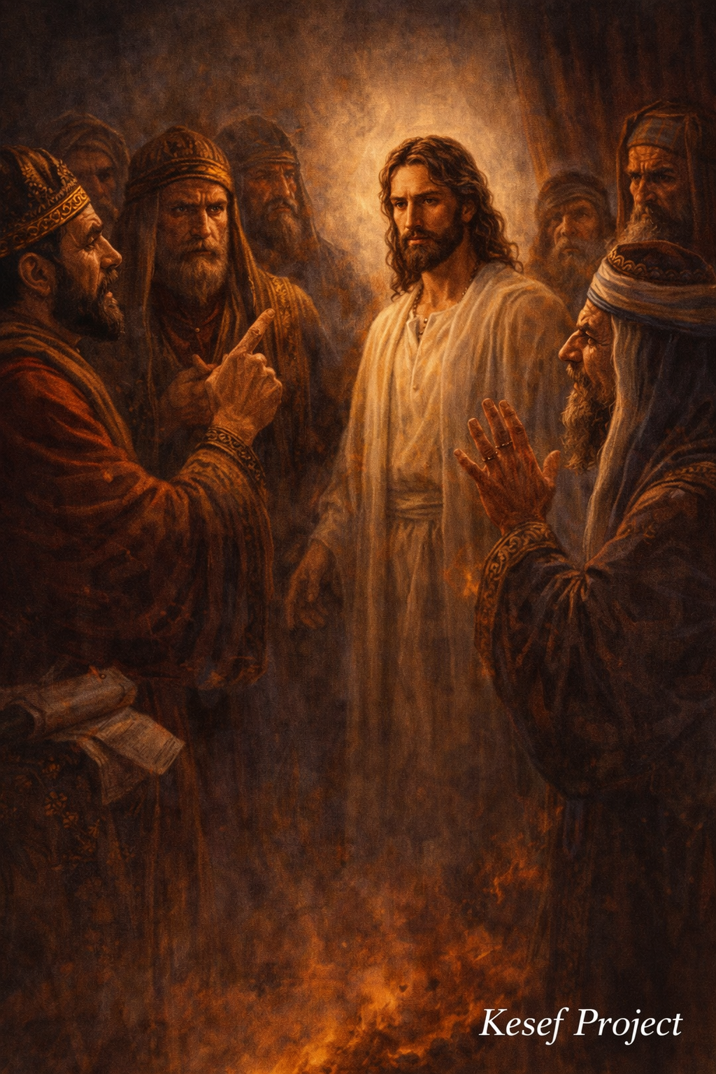 Scene inspired by the Bible where Jesus faces the Pharisees whose envy leads them to reject His authority and message