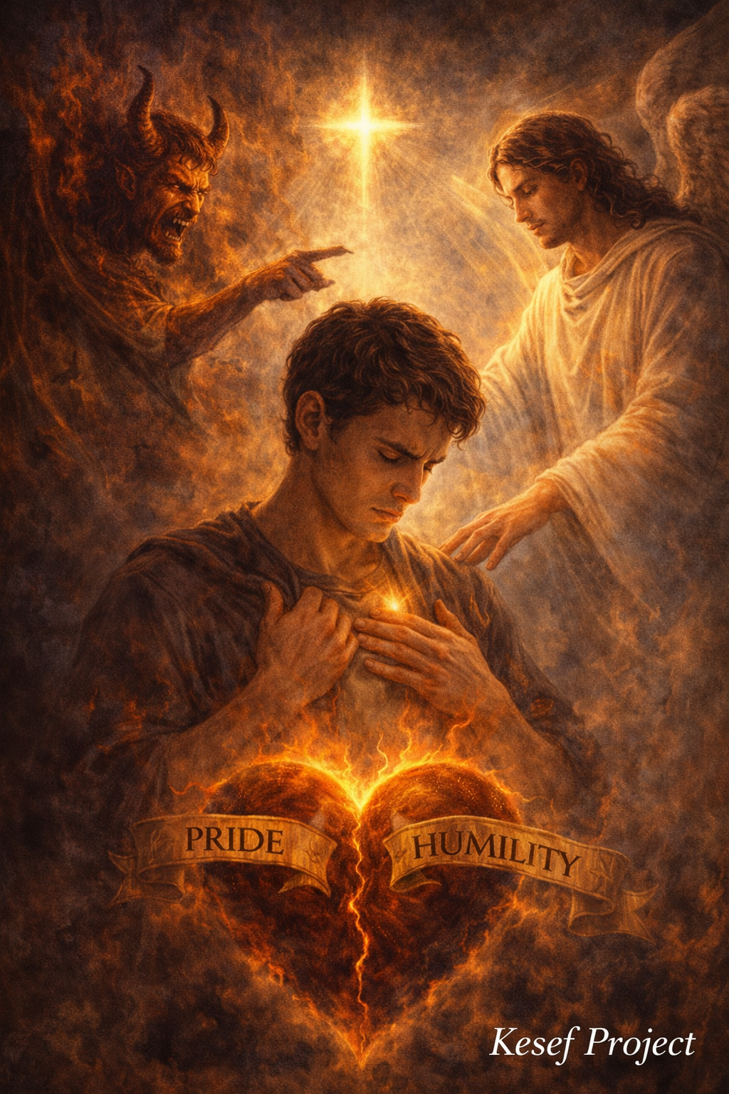 Christian illustration symbolizing the inner battle between pride and humility and the choice to follow God with a humble heart.