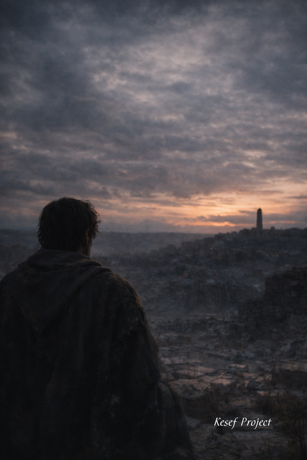 Christian devotional image showing a person reflecting over a broken city at dusk, representing silent spiritual brokenness and awakening like Nehemiah