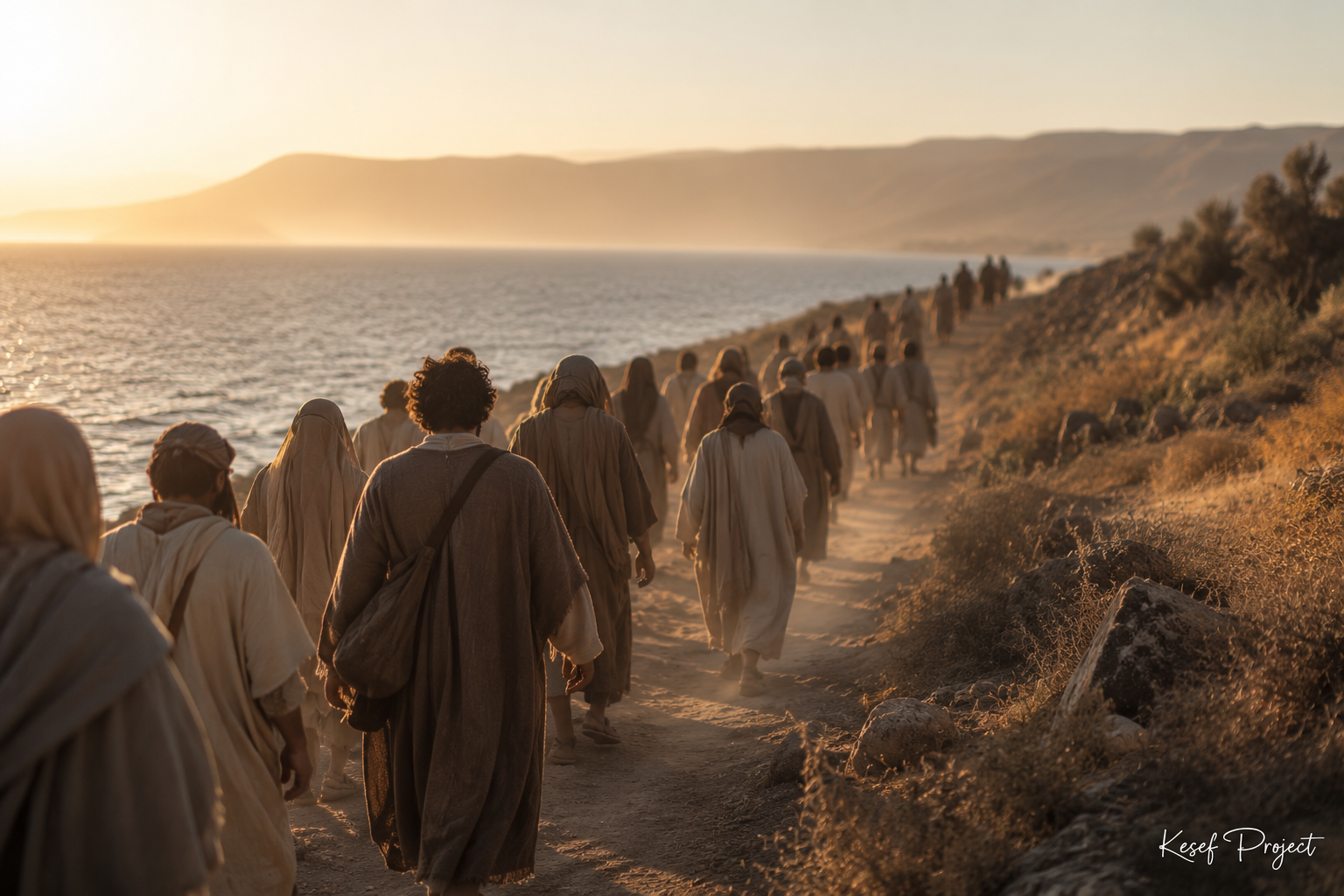 Crowd walking along a dusty lakeside path in search of Jesus.