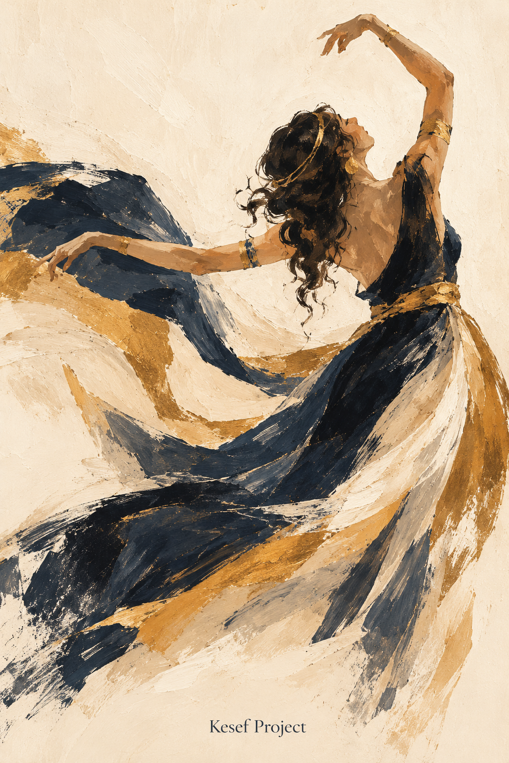 Salome dancing in a flowing navy, cream, and ochre dress, illustrated in gouache.