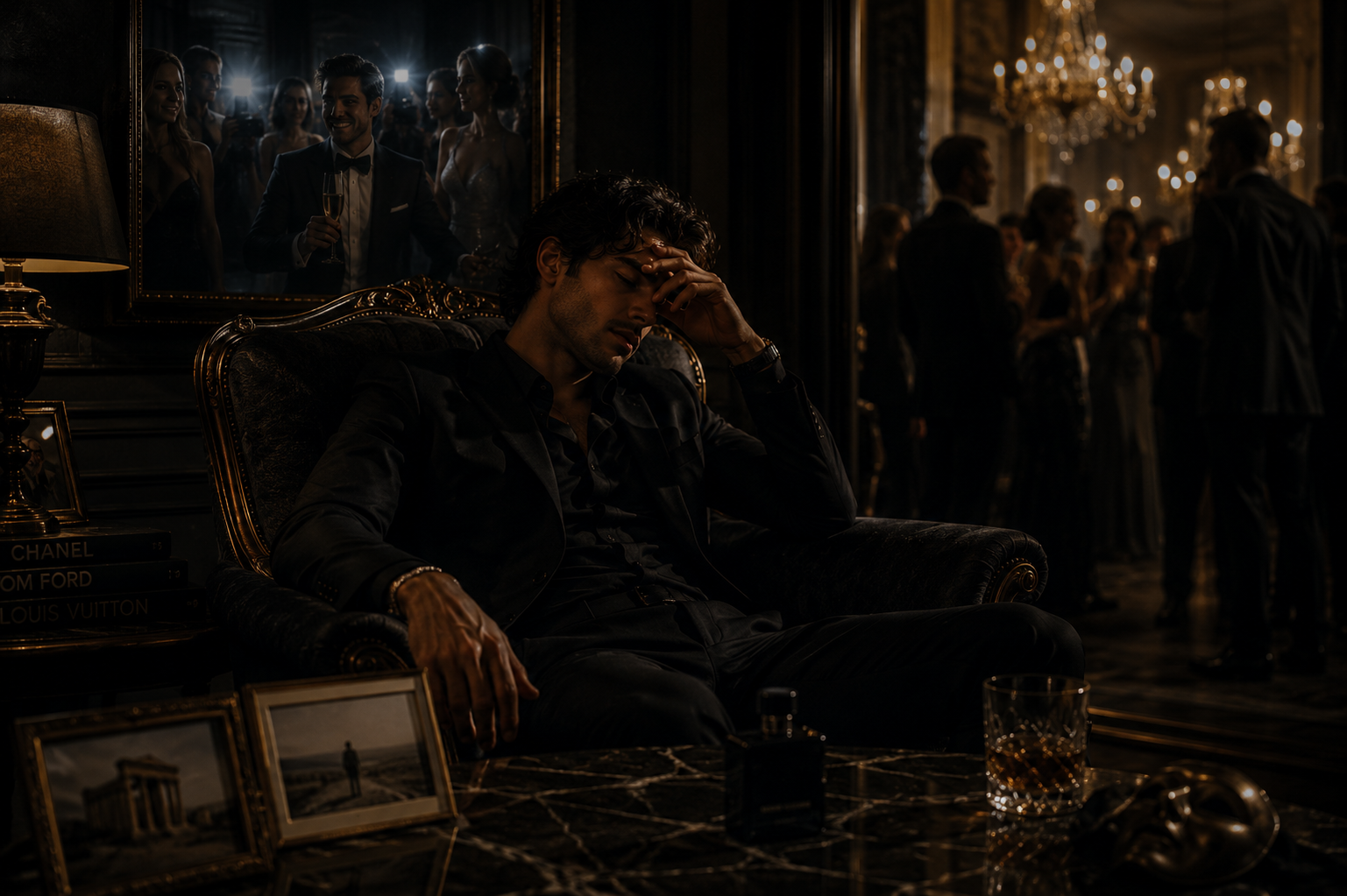 Well-dressed man sitting emotionally exhausted in a luxurious environment despite outward success and elegance