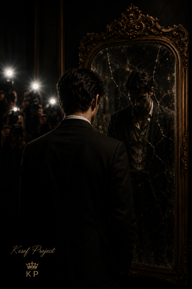 Dark cinematic portrait of a well-dressed man facing a cracked mirror, symbolizing hidden emptiness behind status, image, and public admiration.