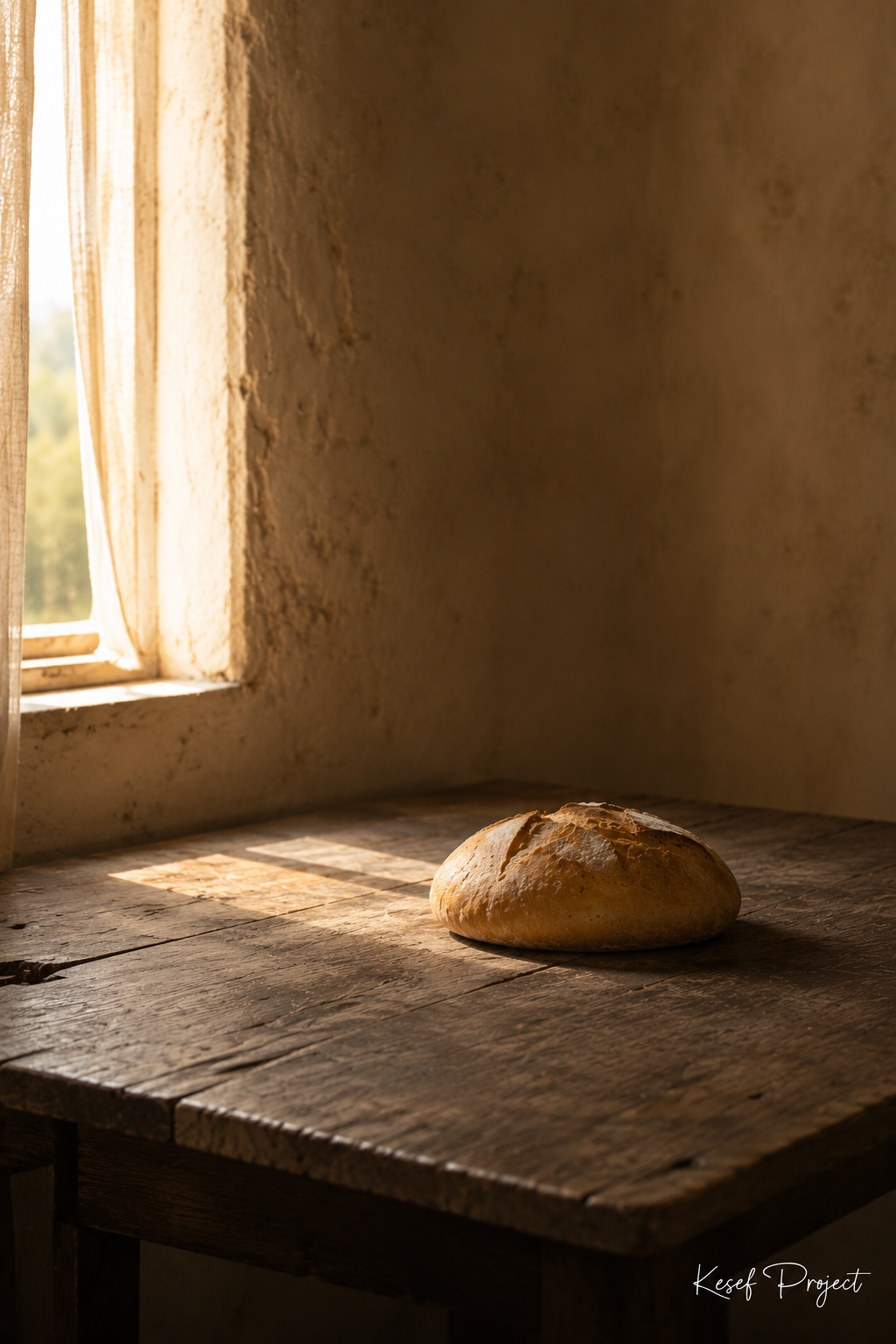 Single loaf of bread on a simple wooden table illuminated by soft morning light.