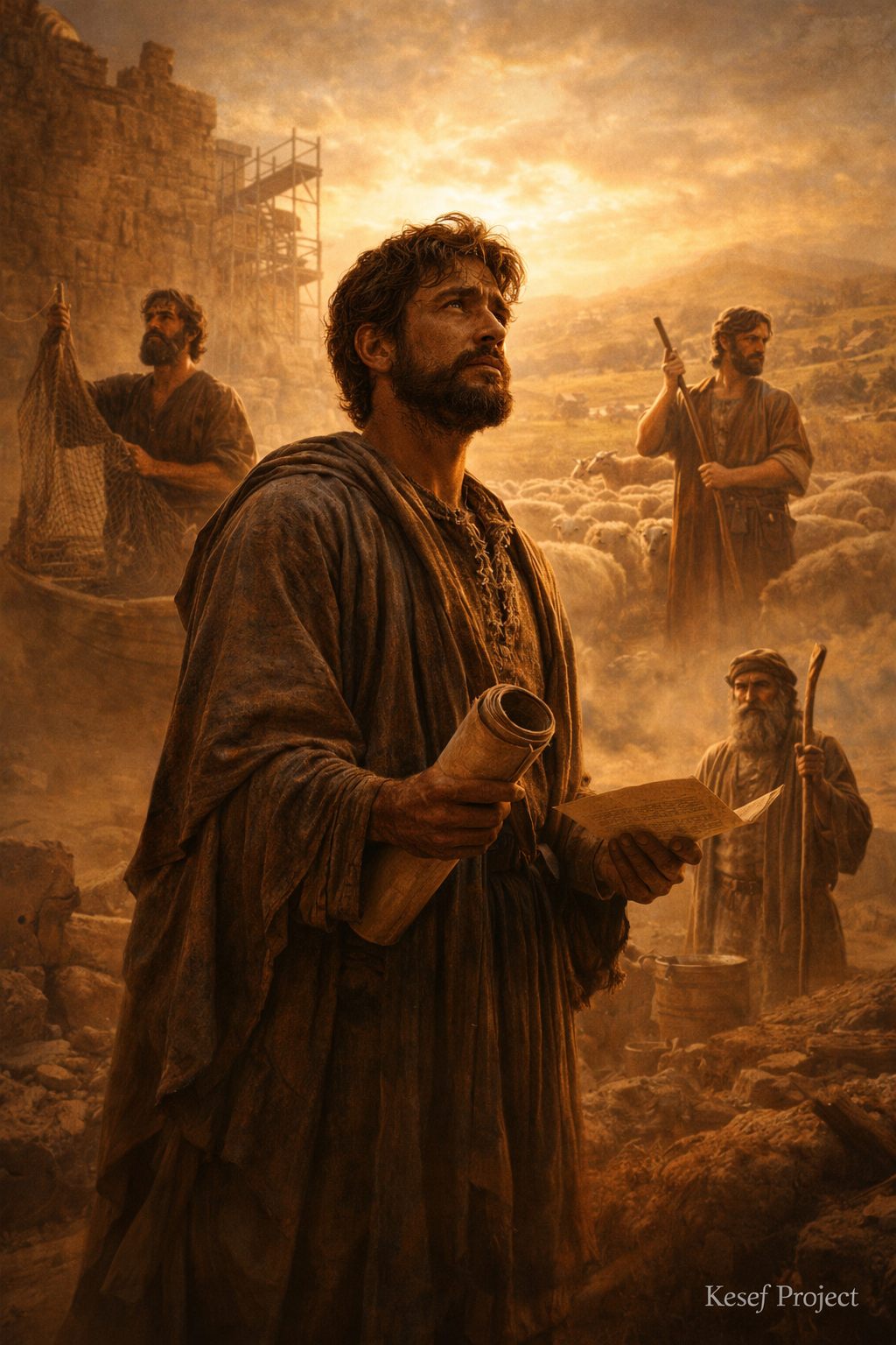 Christian devotional image of Nehemiah with symbolic figures of a fisherman, shepherd, and farmer, representing how God uses available people rather than perfect profiles