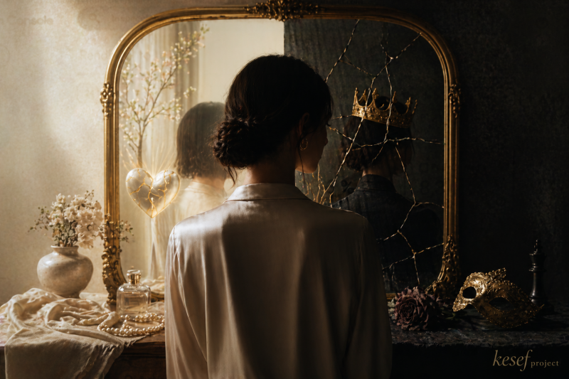 A symbolic scene of a woman confronting her reflection, revealing the contrast between external appearance and the true condition of the heart.